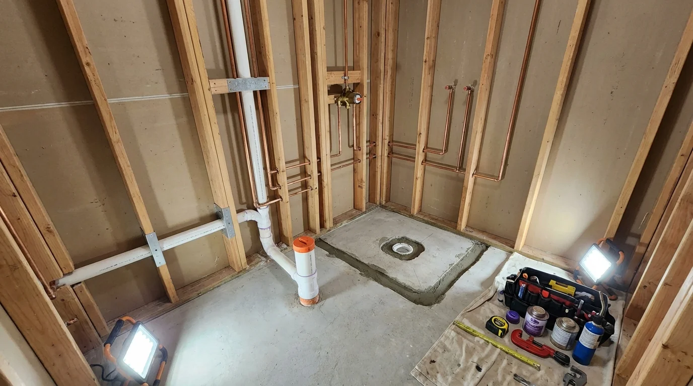 Bathroom rough-in plumbing during remodel by Johns Plumbing LLC in Waldoboro
