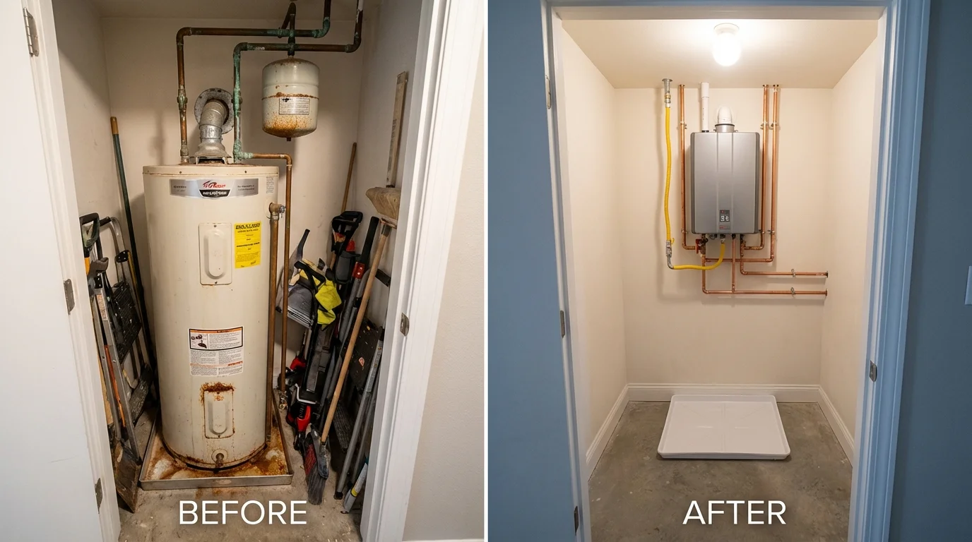 Tank water heater versus wall-mounted tankless unit comparison for Waldoboro, ME homeowners