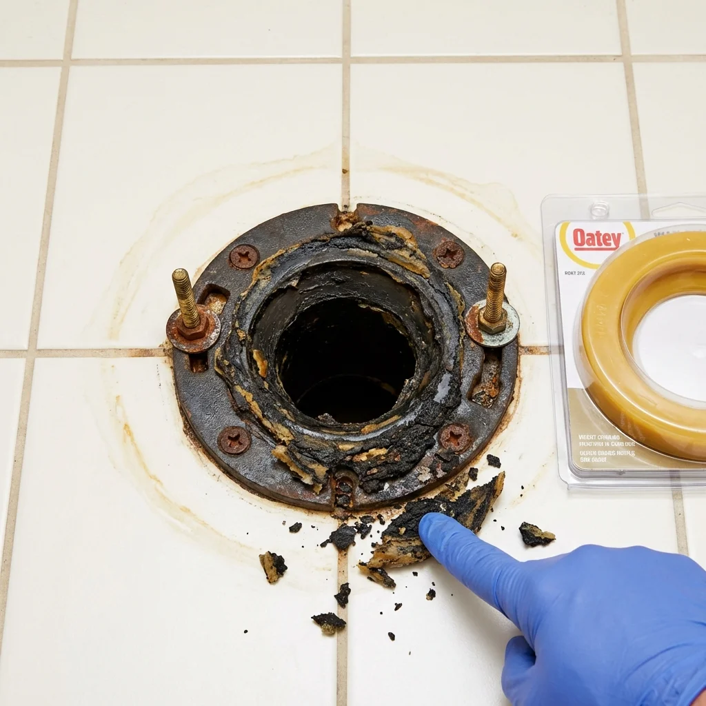 Failed wax ring showing water seepage at the base of a toilet in a Waldoboro, ME home
