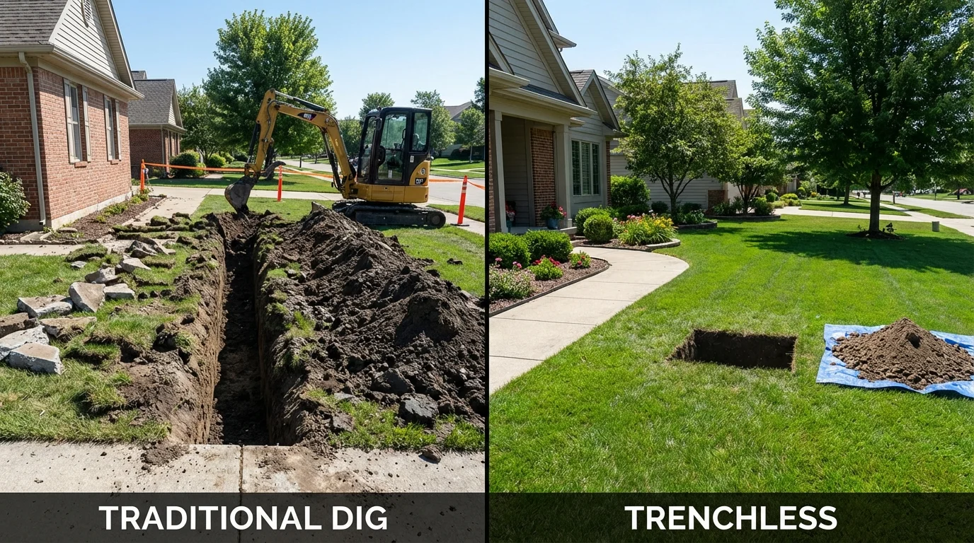 Trenchless sewer repair with minimal yard damage versus traditional excavation in Waldoboro, ME