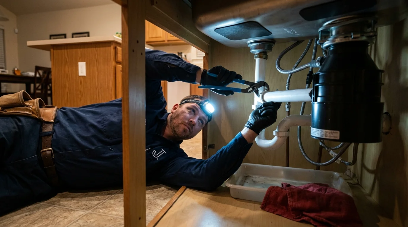 P-trap and supply line connections under a kitchen sink showing a common leak point in Waldoboro, ME
